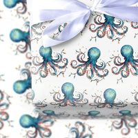 Coastal Christmas Gift Wrap, Watercolor Octopus Wrapping Paper, Ocean Holiday Wrapping Paper, Sea Life Gift Wrap, Holiday Present Roll