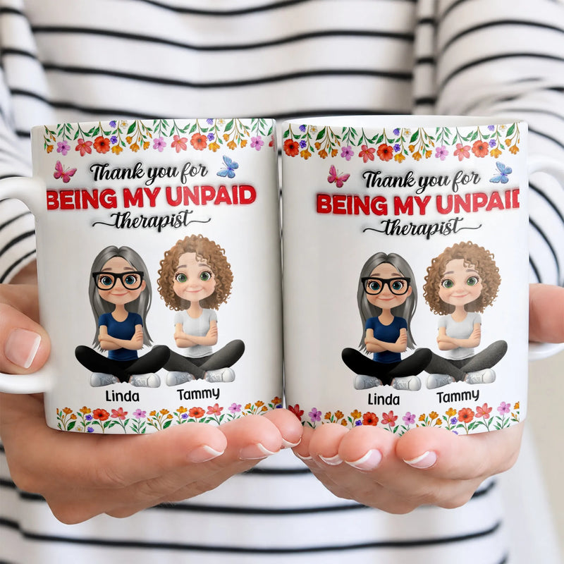 Personalized Cartoon Bestie Coffee Mug, Unpaid Therapist Best Friend Ceramic Mug, Humorous Soul Sister Coffee Cup, Christmas Mug, Coworker Present