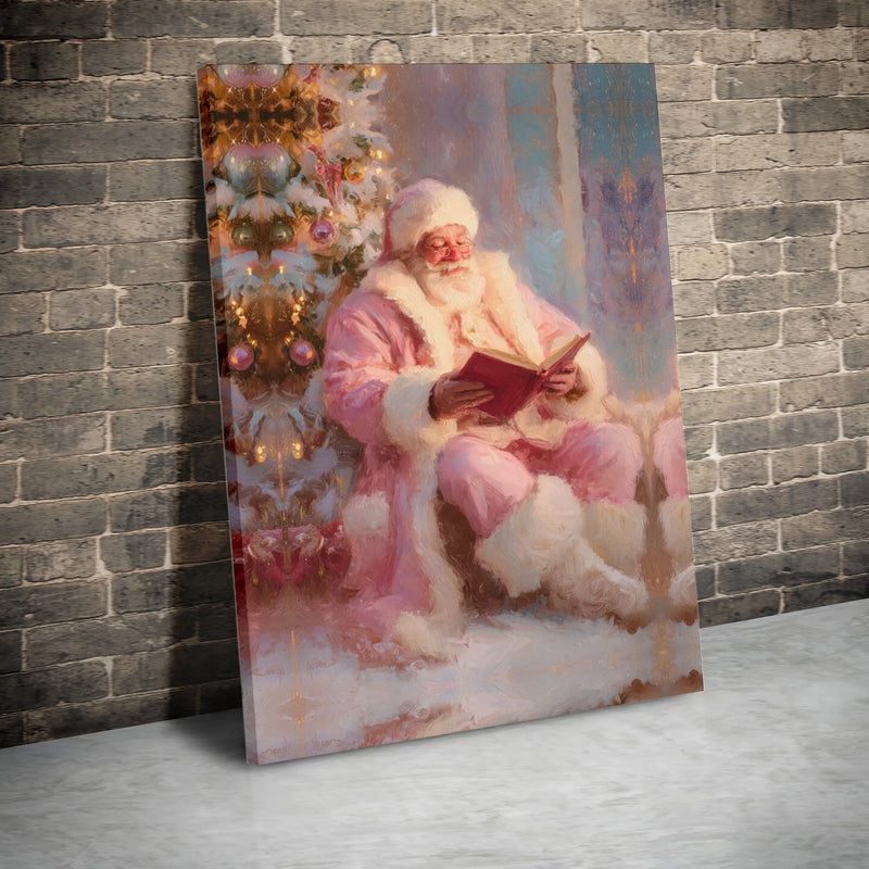 Santa by Christmas Tree Canvas Print, Pink Suit Santa Canvas Art, Holiday Oil Painting Wall Art Canvas, Pastel Xmas Home Decor Present