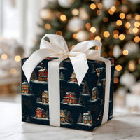 Starry Winter Gift Wrap, Snowy Village Night Wrapping Paper, Comfy Christmas Village Wrapping Paper, Holiday Cottage Wrapping Paper Roll