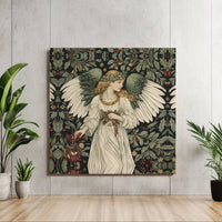 Pre-Raphaelite Holly Berry Canvas Art, Christmas Angel Square Canvas, William Morris Style Canvas Print, Vintage Holiday Wall Art