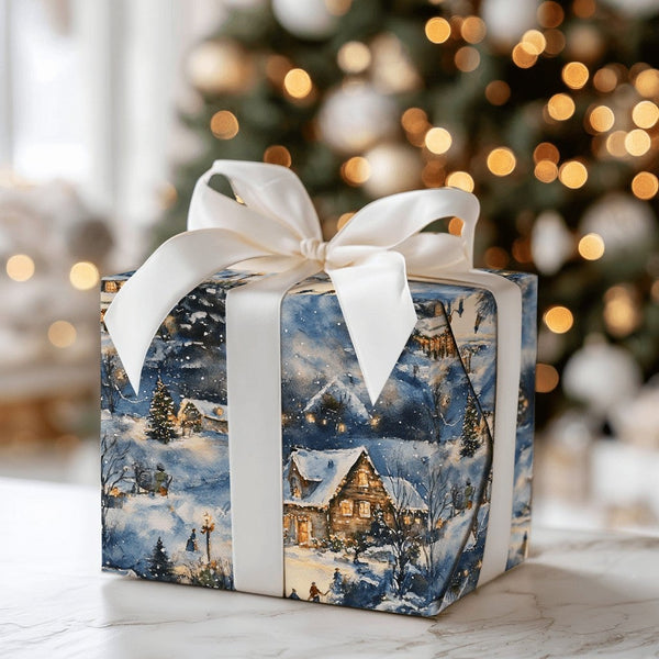 Winter Wonderland Gift Wrap, Snowy Village Christmas Wrapping Paper, Comfy Night Cabin Wrapping Paper, Scenic Holiday Gift Wr