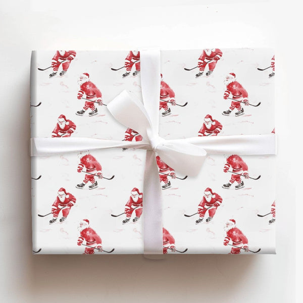 Watercolor Ice Hockey Gift Wrap, Hockey Santa Wrapping Paper, Sports Santa Christmas Wrapping Paper, Holiday Hockey Player Gi