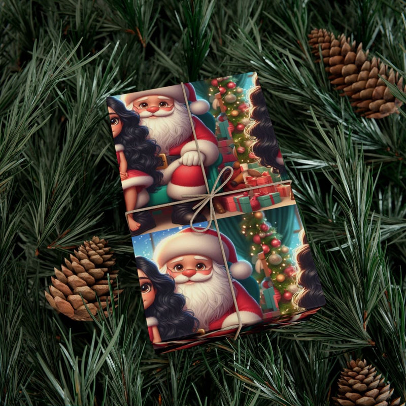 African American Holiday Gift Wrap Roll, Kawaii Santa and Black Girl Wrapping Paper, Adorable Christmas Wrapping Paper, Kids Xmas Present Wrap