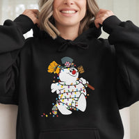 Festive Holiday Sweatshirt, Snowman Christmas Lights Hoodie, Adorable Winter Snowman Hooded Pullover, Xmas Graphic Sweater, Comfy Winter Present