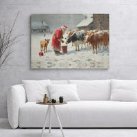 Snowy Farm Christmas Canvas Wall Art, Santa Feeding Cows Canvas Print, Rustic Farmhouse Winter Canvas Decor, Holiday Cattle Canvas Artwork