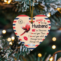 Red Cardinal Memorial Ornament, Husband in Heaven Heart Ornament, Airmail Sympathy Ornament, Ceramic Christmas Tree Keepsake, Widow Present