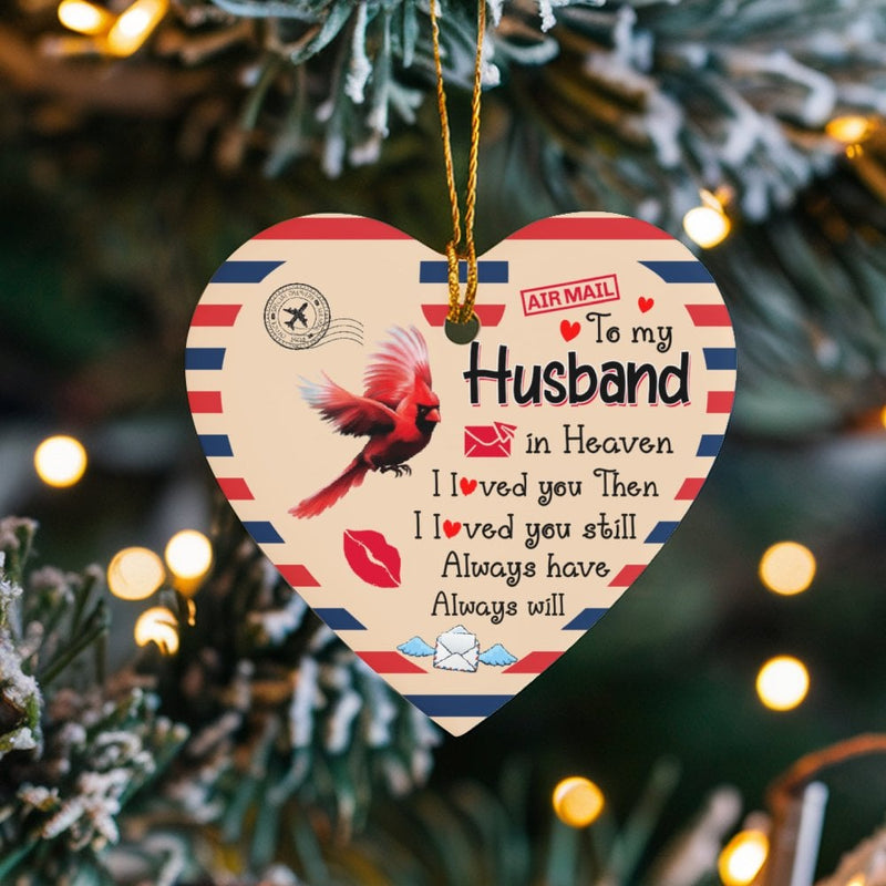 Red Cardinal Memorial Ornament, Husband in Heaven Heart Ornament, Airmail Sympathy Ornament, Ceramic Christmas Tree Keepsake, Widow Present