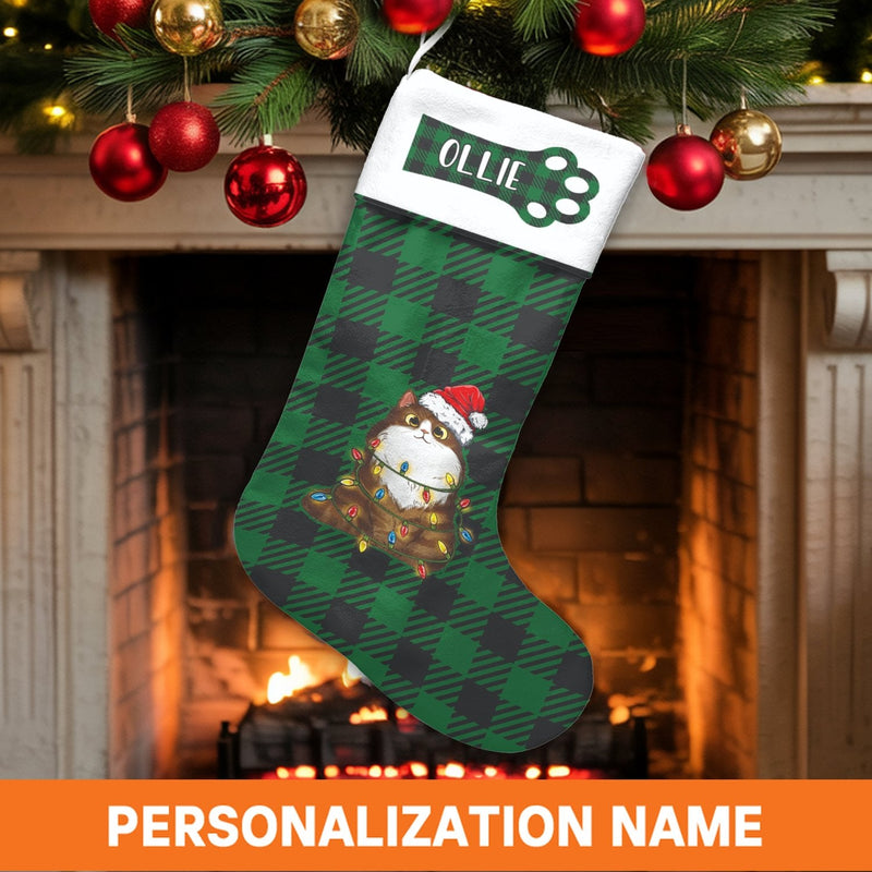 Green Buffalo Plaid Kitten Stocking, Personalized Cat Christmas Stocking, Festive Pet Christmas Stocking, Cat Lover Holiday Mantle Present