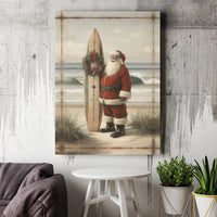Vintage Surfing Santa Print, Coastal Santa Claus Canvas Wall Art, Tropical Christmas Canvas, Beach Holiday Decor, Surfer Santa Canvas Present