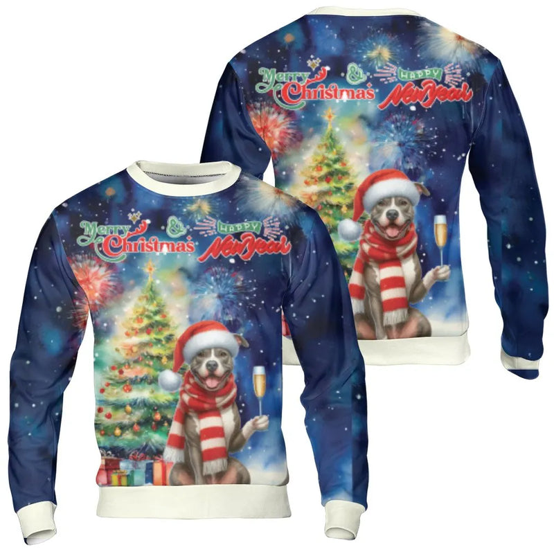 Humorous Dog Holiday Sweater, Pitbull Christmas Sweatshirt, Dog Holding Champagne Crewneck, Pitbull Xmas Sweatshirt, Dog Lover Holiday Present