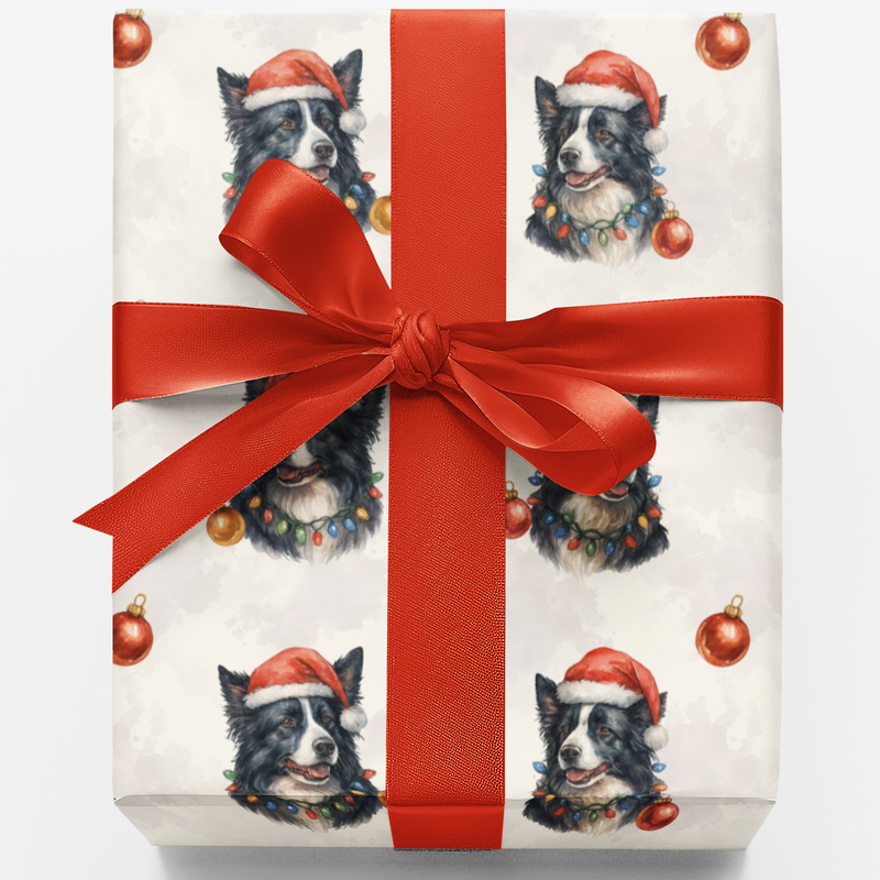 Santa Hat Dog Wrapping Paper, Border Collie Christmas Wrapping Paper, Collie Holiday Gift Wrap, Dog Lover Wrapping Paper, Xmas Present Paper