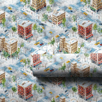 Watercolor Snowy Urban Street Gift Wrap, Winter City Christmas Wrapping Paper, Isometric Cityscape Wrapping Paper Roll, Holiday Present Wrap