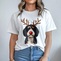 Reindeer Antlers Puppy Dog Graphic Tee, Bernedoodle Christmas T-Shirt, Doodle Pet Holiday Shirt, Adorable Dog Mom Winter Season Graphic Top