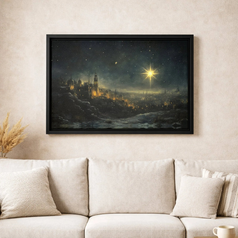 Snowy Winter City Canvas Print, Star of Bethlehem Canvas Wall Art, Religious Christmas Nightscape Canvas, Christian Holiday Home Decor Present