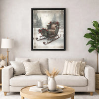 Snowy Winter Forest Print, Vintage Christmas Sleigh Canvas Wall Art, Rustic Holiday Tree Painting Poster, Xmas Decor, Digital Download