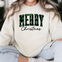 Green Buffalo Plaid Christmas Sweater, Merry Christmas Sweatshirt, Varsity Letter Holiday Crewneck, Comfy Xmas Pullover, Christmas Present
