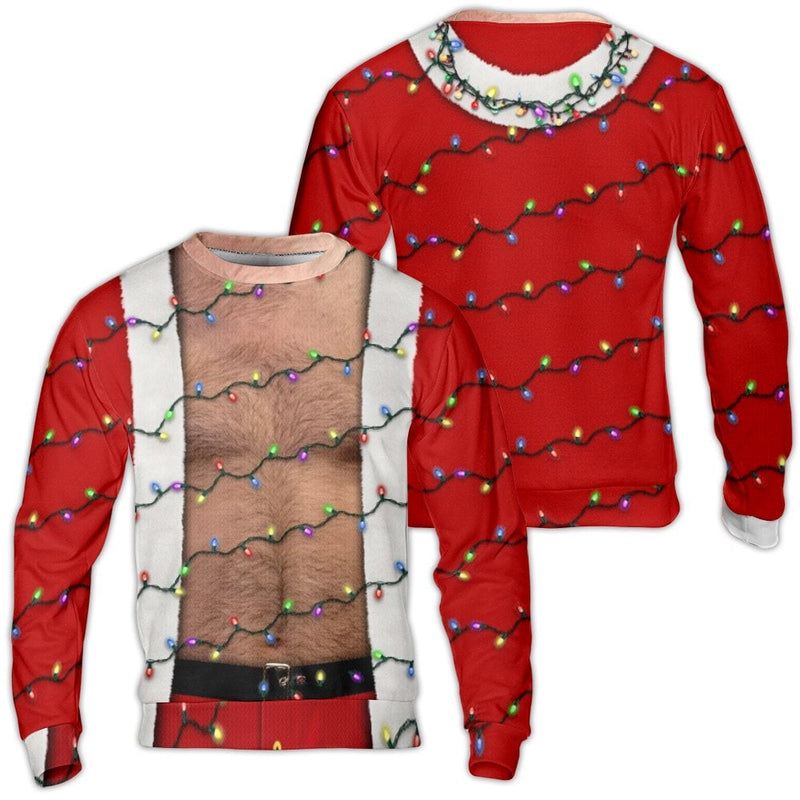 Realistic Graphic Christmas Sweater, Hairy Chest Santa Ugly Christmas Sweater, Humorous Santa Holiday Sweater, Party Crewneck Sweatshirt Present