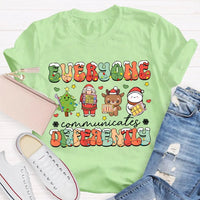 Festive Lights Neurodiversity Tee, Everyone Communicates Differently Christmas Shirt, SPED Teacher Holiday T-Shirt, ASL Xmas Present