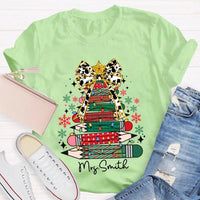 Bow and Colored Pencil Holiday Graphic Tee, Personalized Christmas Tree T-Shirt, Custom Teacher Christmas Shirt, Adorable School Holiday Tee