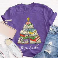 Personalized Holiday Shirt, Custom Christmas Trees and Books T-Shirt, Comfy Book Lover Xmas Graphic Tee, Custom Name Christmas Present Tee
