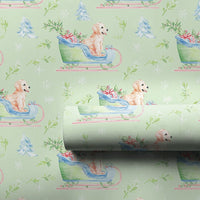 Watercolor Puppy Christmas Gift Wrap, Golden Retriever Sleigh Wrapping Paper, Holiday Dog Sleigh Wrapping Paper, Adorable Pet Present Packaging