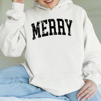 Retro Varsity Text Distressed Hooded Sweatshirt, Merry Christmas Hoodie, Comfy Winter Holiday Pullover, Festive Christmas Present for Women