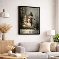Christmas Tree Canvas Print, Vintage Snowman Canvas Wall Art, Whimsical Holiday Canvas Art, Winter Season Wall Decor, Rustic Xmas Home Present