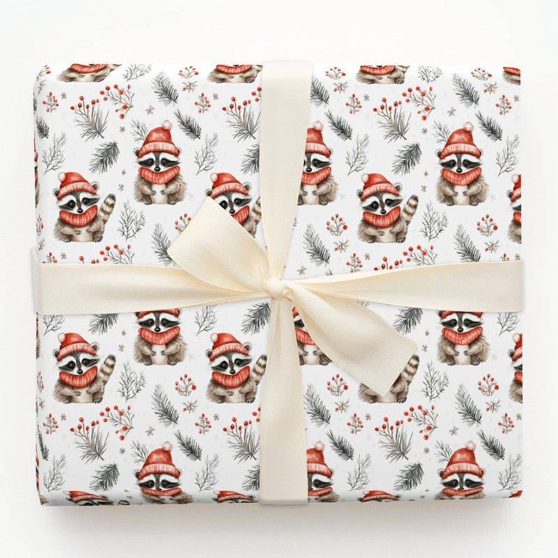 Red Scarf Hat Animal Gift Wrap, Winter Raccoon Wrapping Paper, Watercolor Christmas Wrapping Paper, Woodland Holiday Gift Wrap, Adorable Paper