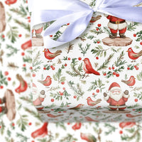 Red Birds Winter Holiday Gift Wrap, Watercolor Santa Claus Wrapping Paper, Holly Branch Christmas Wrapping Paper, Festive Present Wrap Roll
