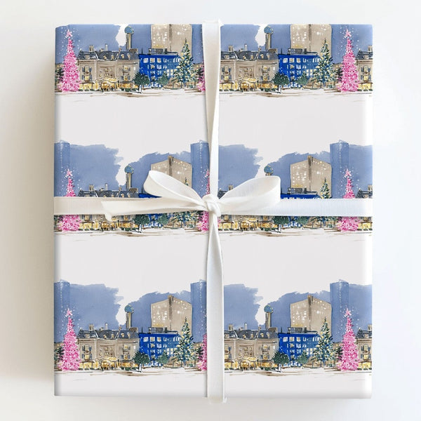 Watercolor Winter City Gift Wrap, Pink Christmas Tree Cityscape Wrapping Paper, Festive Street Holiday Wrapping Paper, Urban 
