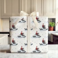 Snowflake Watercolor Gift Wrap, Snowmobile Santa Claus Wrapping Paper, Winter Sports Christmas Wrapping Paper, Holiday Present Paper