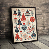 Nordic Winter Forest Poster, Scandinavian Folk Art Christmas Tree Wall Art, Holiday Season Decor, Christmas Print Digital Download