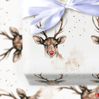 Watercolor Reindeer Gift Wrap, Red Nosed Reindeer Wrapping Paper, Festive Holiday Reindeer Paper Roll, Adorable Christmas Gift Wrapping Paper