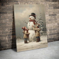 Children Building Snowman Canvas Print, Vintage Christmas Canvas Wall Art, Retro Holiday Snowman Canvas, Winter Wall Decor Christmas Present