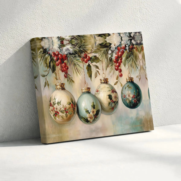 Holly Berry Baubles Wall Art, Victorian Christmas Ornaments Canvas, Vintage Holiday Ornament Print, Elegant Xmas Canvas Art