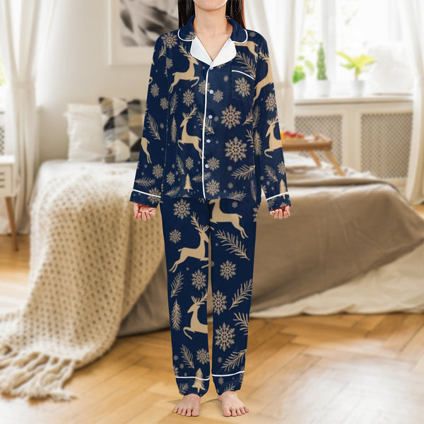 Snowflake Tree Holiday Pajamas, Christmas Reindeer Satin Pajama Set, Silky Winter Sleepwear, Button Up Festive Loungewear, Xm