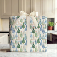 Watercolor Blue White Holiday Gift Wrap, Chinoiserie Christmas Tree Wrapping Paper, Elegant Festive Tree Wrapping Paper, Xmas Gift Wrap