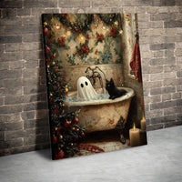 Whimsical Holiday Bathtub Poster, Ghost and Black Cat Christmas Wall Art, Spooky Adorable Xmas Decor Print, Digital Download Cat Lover Present