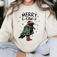 Humorous Raven Holiday Sweater, Merry F-Caw-F Christmas Sweatshirt, Goth Bird Lover Crewneck, Sarcastic Crow Pullover, Dark Humor Xmas Present