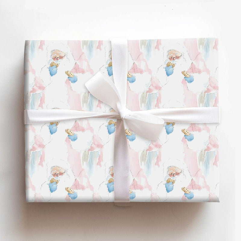 Adorable Cookie Eating Santa Gift Wrap, Watercolor Santa Claus Wrapping Paper, Pastel Christmas Paper, Whimsical Holiday Wrapping Paper Roll