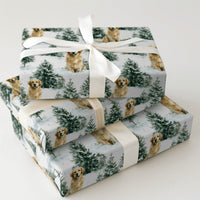 Snowy Pine Tree Dog Gift Wrap, Golden Retriever Wrapping Paper, Winter Landscape Wrapping Paper, Christmas Pet Gift Wrap, Holiday Dog Paper