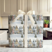Quaint Holiday Town Gift Wrap, Watercolor Snowy European Village Wrapping Paper, Comfy Christmas Present Wrap, Festive Winter Present Paper Roll