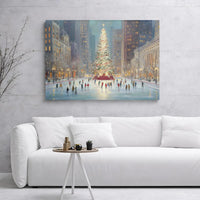 Ice Skating Christmas Tree Print, Winter Cityscape Canvas Art, Festive Holiday Town Wall Decor, Snowy City Scene Canvas Art Present