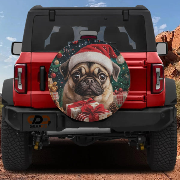 Christmas Dog Tire Cover, Pug in Santa Hat Spare Tire Cover, Holiday Puppy Wheel Protector for Jeep SUV Bronco, Dog Lover Aut