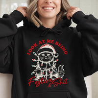 Sarcastic Holiday Kitten Graphic Sweatshirt, Humorous Cat Christmas Hoodie, Festive Grumpy Cat Xmas Pullover, Adorable Cat Lover Winter Present