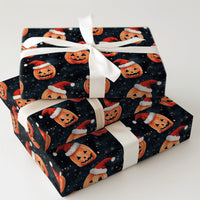 Halloween Christmas Gift Wrap, Jack-o'-Lantern Santa Hat Wrapping Paper, Spooky Holiday Wrapping Paper, Pumpkin Xmas Present Gift Wrap Roll