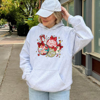 Disco Ball Bow Graphic Sweatshirt, Retro Christmas Ornaments Hoodie, Trendy Holiday Pullover, Pink Christmas Season Hooded Top for Her