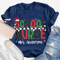 Custom Name Santa Hat Graphic Tee, Personalized School Nurse Christmas Shirt, RN Nurse Holiday T-Shirt, Healthcare Staff Xmas Present