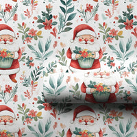 Botanical Pine Floral Christmas Gift Wrap, Watercolor Santa Wrapping Paper, Traditional Santa Claus Wrapping Paper